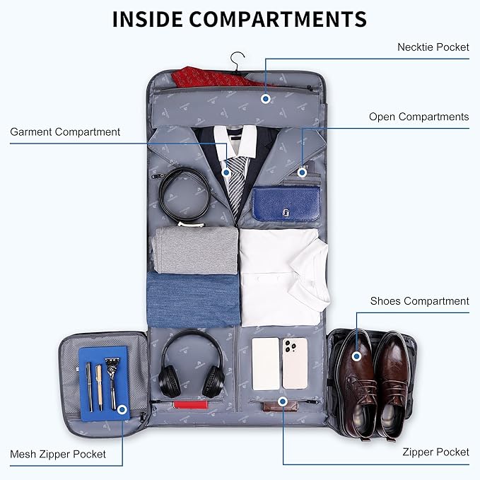WITZMAN Mens Garment Duffle Bags for Travel Convertible Carry-on Suit Garment Bag for Men Hanging Clothes with Shoe Compartment（B724 Silvery Grey）