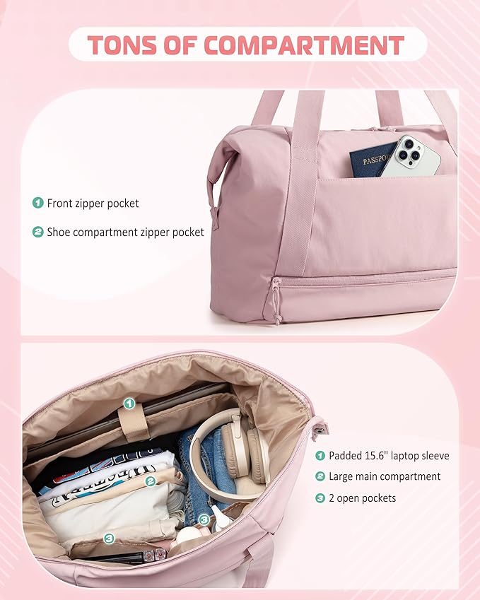 Travel Duffle Bag with Shoe Compartment and Laptop Sleeve for Women, Lightweight Weekender Duffel Bag for Travel, Gym, Hospital Labor Delivery, Pink