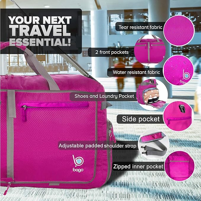 Bago Large Foldable Duffel Bags for Traveling Women & Men - 120L Packable Duffle Bag for Travel with Shoe Compartment - Water Repellant, Heavy Duty, Lightweight Folding & Collapsible (Pink)