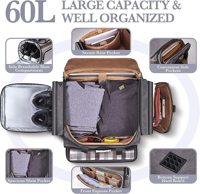 SHOWKOO Duffle Bag for Travel 60L Expandable Canvas Travel Bag Durable Vintage Weekender Overnight Carry On Bag for Men(Dark Gray)