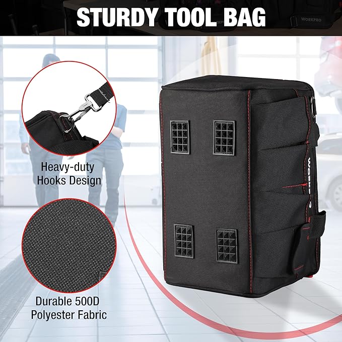 WORKPRO 14-inch Tool Bag, Multi-pocket Tool Organizer with Adjustable Shoulder Strap, W081021A , black