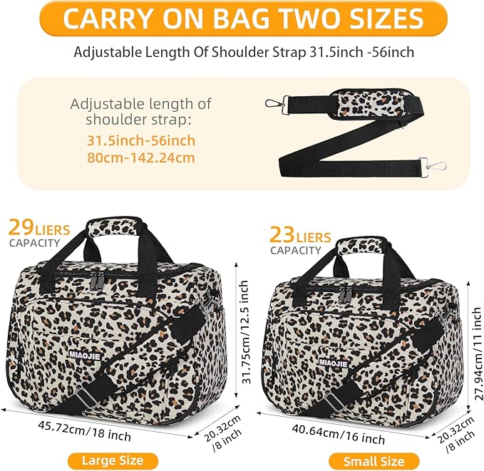 Underseat Carry On Luggage Lightweight Travel Tote Weekender Bag Overnight Duffle Bag for Travel, Travel Essentials Personal Item Travel Bag for Women and Men,Leopard-16Inch