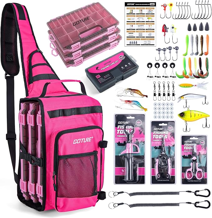 Goture OpenSide Tactical Sling Tackle Bag with 3 Tackle Trays,Lures & Fishing Tools, Lightweight Fishing Backpack Storage for Fishing Gear-Pink Bag, Gift for Women