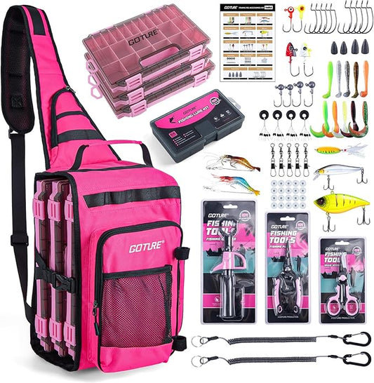 Goture OpenSide Tactical Sling Tackle Bag with 3 Tackle Trays,Lures & Fishing Tools, Lightweight Fishing Backpack Storage for Fishing Gear-Pink Bag, Gift for Women