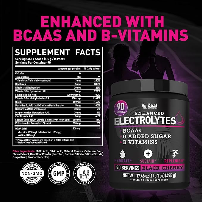 Zeal Electrolyte Powder - 90 Servings | Keto Electrolytes Powder | Zero Sugar, BCAAs, B-Vitamins | Potassium, Zinc, Magnesium | Hydration Powder Recovery Drink | Black Cherry