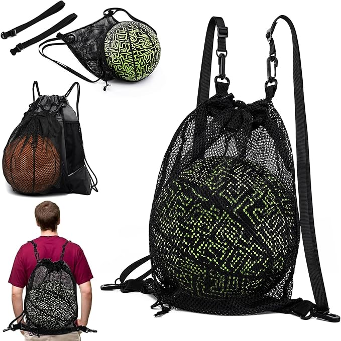 KAEGREEL Drawstring Soccer Bag Basketball Backpack for Kids Teens, Foldable Sports Bags Detachable Ball Mesh Bag for Gym Yoga Football Baseball