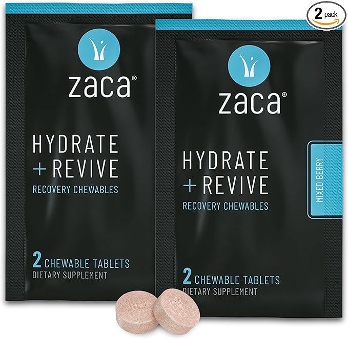 Zaca Recovery Chewable Supplement | Hydrate + Revive | Party, Travel, Exercise & Altitude | Non-Sugar & Non-Gluten | Mixed Berry, 2 Packets = 4 Tablets