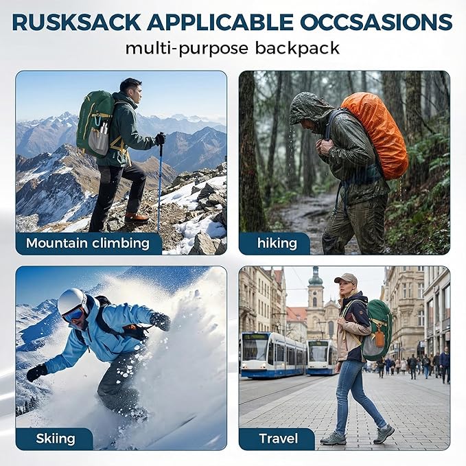 Bseash 45L Waterproof Hiking Camping Backpack with Rain Cover, Outdoor Sport Travel Bag Daypack for Climbing Skiing Cycling (Green)