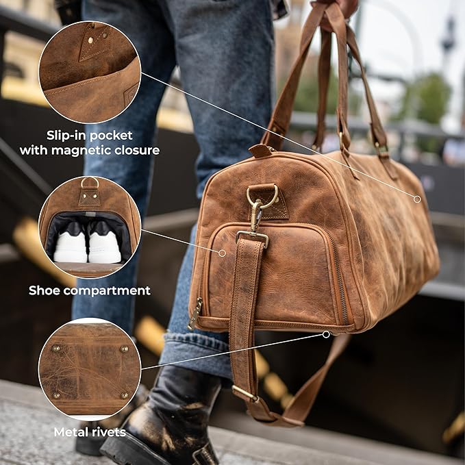 Berliner Bags Vintage Genuine Leather Duffle Bag Oslo for Travel or the Gym, Weekender, Travel Bag with Shoe Compartment, Overnight Bag for Men and Women - Brown