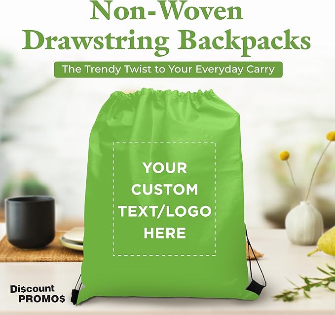 DISCOUNT PROMOS Custom Non-Woven Drawstring Backpacks Set of 10/50/100, Personalized Bulk Pack