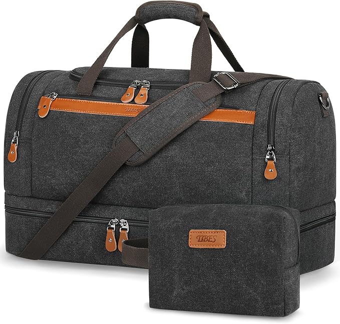 Duffle Bag for Travel, Expandable 50L Canvas Weekender Bag, Overnight Bag Travel Duffel Bag for Men Carry On Luggage with Removable Shoulder Strap, Durable & Water-Resistant
