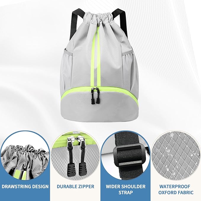 Drawstring Backpack Gym Bag with Shoes Compartment for Soccer, Basketball, Swim, Water-Resistant String Backpack Beach Cinch for Women Men, Grey, Medium