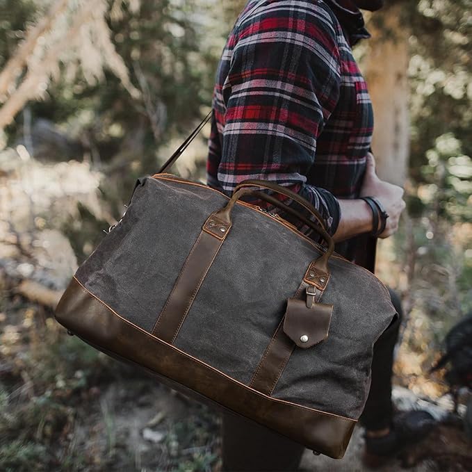 Polare 23” Waterproof Travel Duffel Bag Waxed Canvas Cowhide Leather Trim Luggage for Gym 55L Weekender Overnight Carry on Bag (Grey-23")