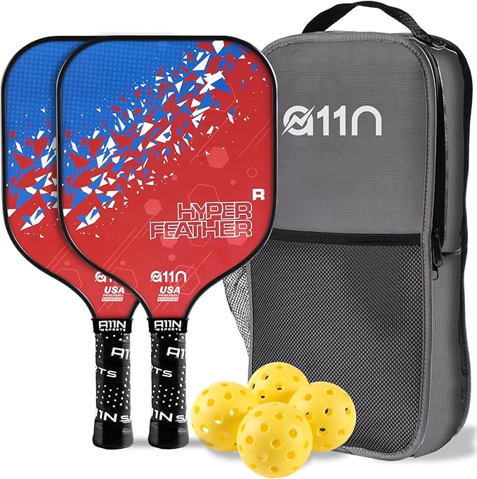 A11N HyperFeather R Pickleball Paddles Set of 2 Rackets with 4 Outdoor Balls and 1 Backpack, USA Pickleball Approved