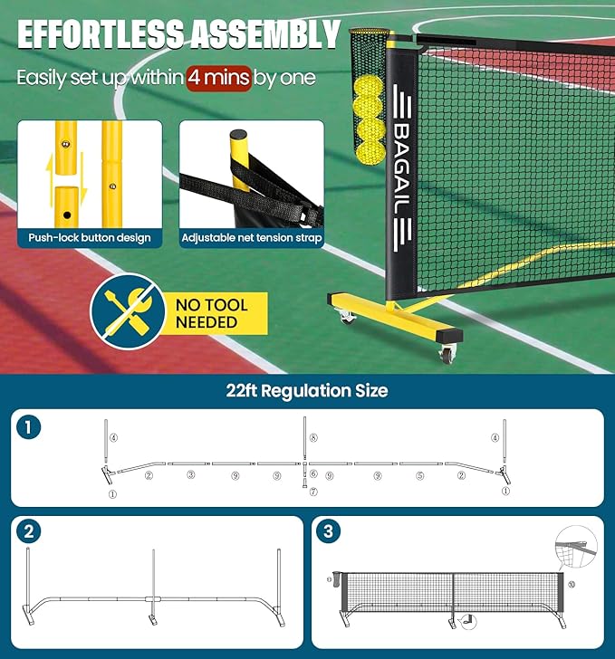 BAGAIL Portable Pickleball Net Set, 22 FT Regulation Size Pickle Ball Net with Ball Collector, 4 Balls and Carry Bag, Easy Setup for Outdoor Indoor Driveway