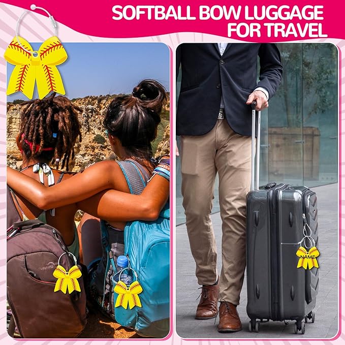 12 PCs Softball Bow Luggage Tags for Suitcases Travel Suitcase Labels with Metal Ring 2.75in Softball Bow Keychain PVC Name Id and DIY Pocket Hug Card for Men Women Travel Bag Suitcase Gift