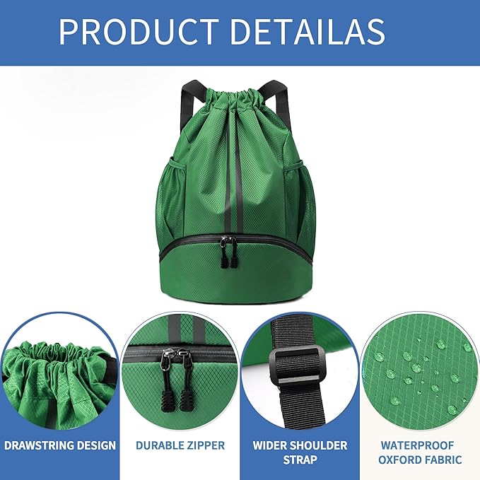 Drawstring Backpack Gym Bag with Shoes Compartment for Soccer, Basketball, Swim, Water-Resistant String Backpack Beach Cinch for Women Men, Dark Green, Medium