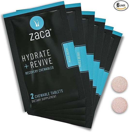 Zaca Recovery Chewable Supplement | Hydrate + Revive | Party, Travel, Exercise & Altitude | Sugar Free & Gluten Free | Mixed Berry, 6 Packets = 12 Tablets
