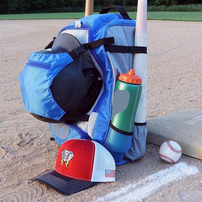Baseball Backpack with Cleat/Shoe Pocket | Large Capacity | 19.5" T x 14" W x 7.5" D | Holds 4 Bats | External Helmet Storage | 3 Extra Zipper Pockets for Sunglasses, Seeds, Cell Phone (Blue/Gray)