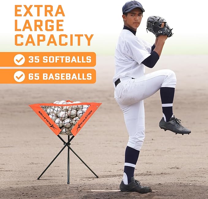 ACELETIQS Baseball Softball Portable Batting Practice Ball Caddy, Use During Training and Drills, Save Your Back No More Bending, Holds up to 60 Baseballs, Instant Setup