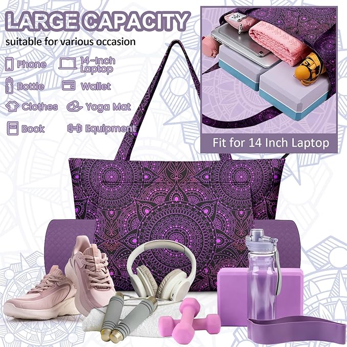 Adalore Women's Yoga Bag with Yoga Mat Carrier - Large Mat Pocket Fitness Tote for Pilates, Gym, Travel, Office & Beach