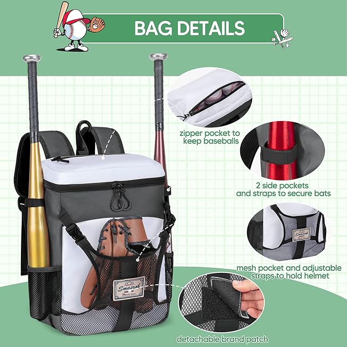 Youth Baseball Bag for T Ball, Rec and Travel Ball, Softball Bag with Helmet Holder and Fence Hook