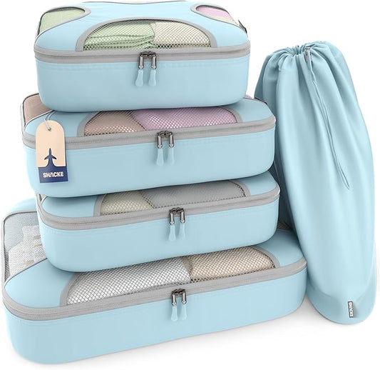 Shacke Premium 5 Packing Cubes Set - Lightweight Mesh Travel Luggage Organizers with Laundry Bag, 5-Piece Suitcase Storage System (Sky Blue)
