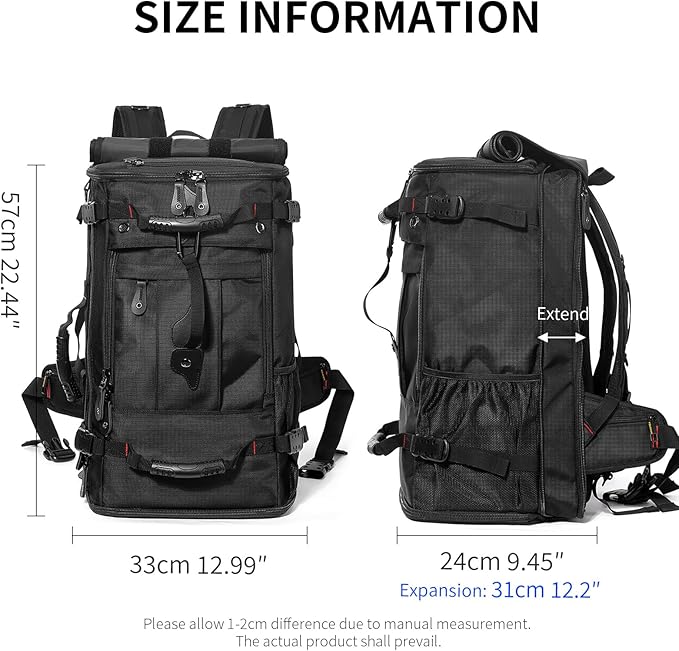 YOUMIAN Large Capacity For Travel Hiking Sports Carry On Backpack Durable Convertible Duffle Bag Laptop airplane (Black, 60L-Large DualMainOpening)