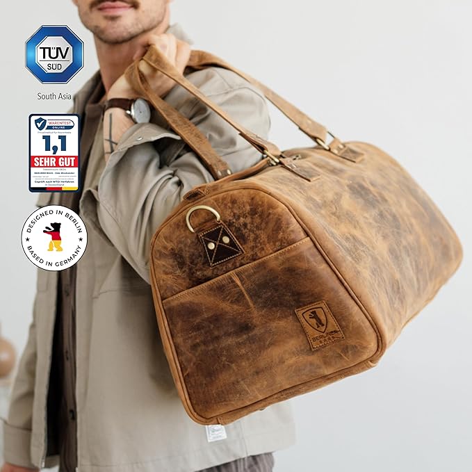 Berliner Bags Vintage Genuine Leather Duffle Bag Oslo for Travel or the Gym, Weekender, Travel Bag with Shoe Compartment, Overnight Bag for Men and Women - Brown