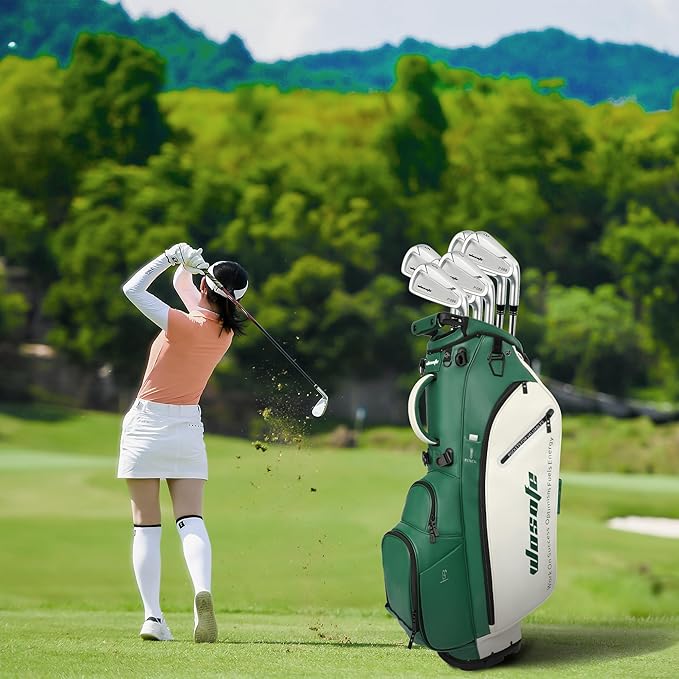 WOSOFE PU Golf Bag with 6/14 Way Top Dividers Automatically Adjustable Dual Straps Elegant Design for Men Women Pu Golf Stand Bag with Multiple Pockets