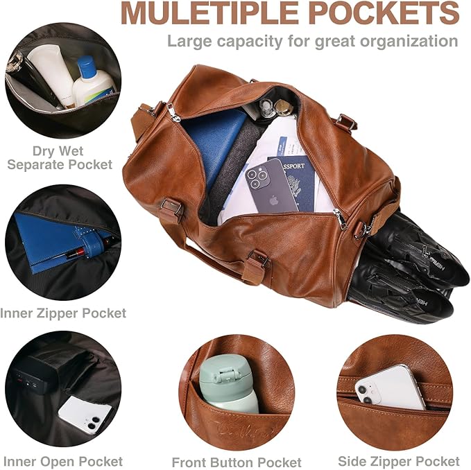 3-in-1 Leather Duffle Bag for Travel with Toiletry Bag and Shoe Compartment, Weekender Overnight Gym Bag for Men Women, Carry On Bag Fits 21 Inch Laptop