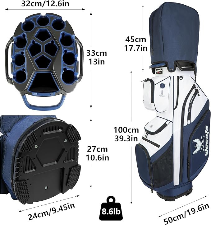 14 Way Full-Length Divider Top Men Golf Cart Bag, Fixed Slots Clubs Organized Premium Oxford Cloth Women 13 Pockets Black Blue Green Golf Bag with 3 Handles Cooler Rain Cover