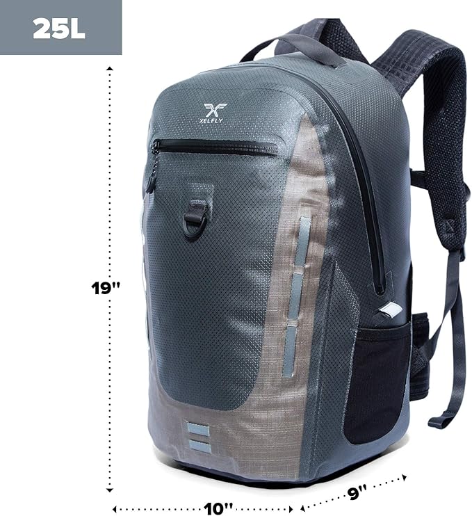 Xelfly Submersipack Waterproof Backpack - Submersible, Inflatable, Floating TPU Coated Durable Nylon Dry Bag with Airtight Zipper for Kayak, Fishing, Boating, Hiking, Paddle Board (Gray Stone, 25L)