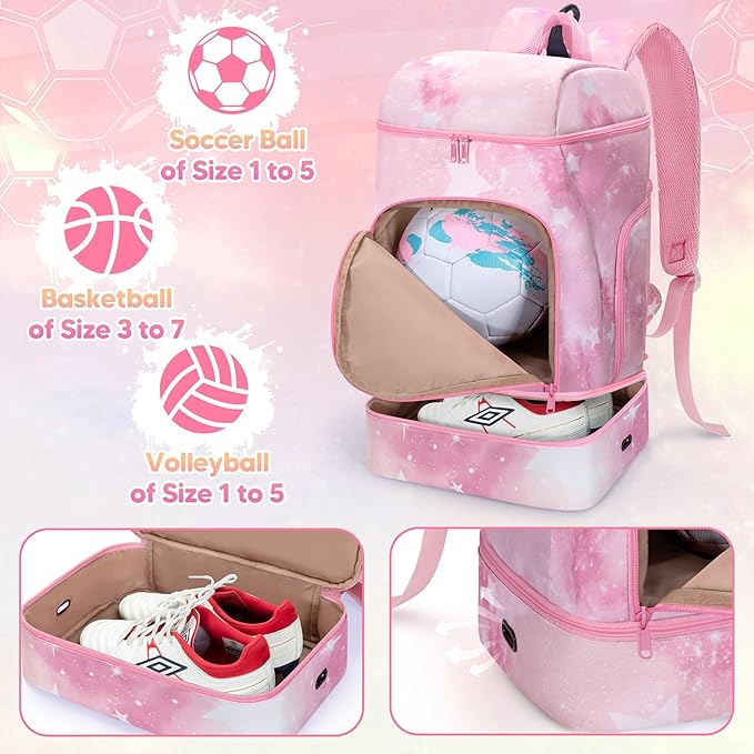 Soccer Backpack for Girls with Separate Ball Pocket and Shoe Compartment, Sports Bags for Soccer, Basketball, Volleyball