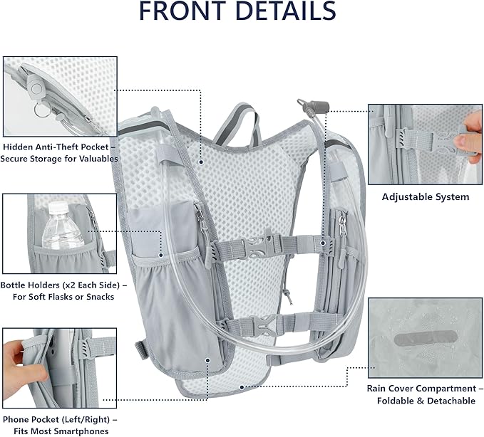 Zavothy Hydration Running Vest for Men & Women – Lightweight 1.5L Hydration Pack with Phone Pockets, Water Bottle Holders, Reflective Strips, Rain Cover – Trail Running, Cycling, Marathon