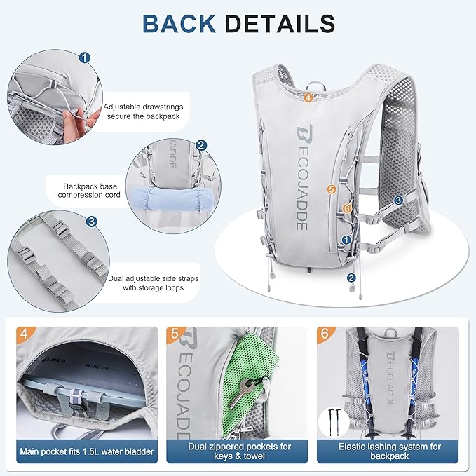 BECOJADDE Running Vest Hydration Backpack for Men Women, 5L Lightweight Running Backpack Hydration Pack for Marathon, Trail, Cycling, Hiking, Jogging