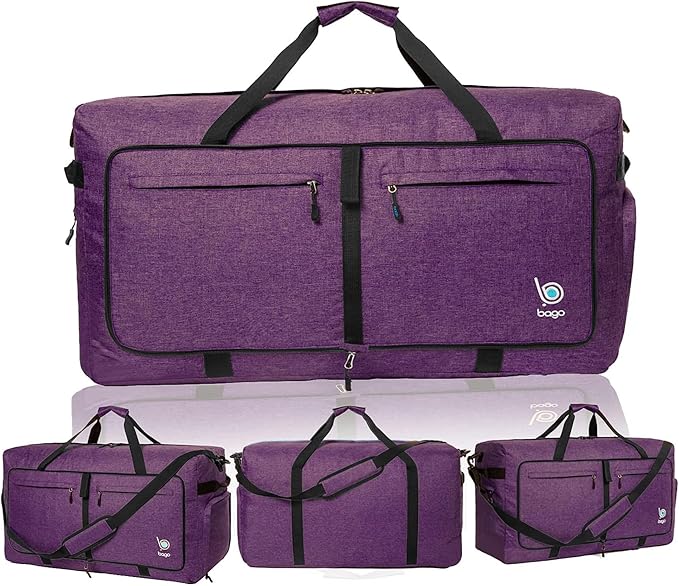 Bago Big XXL Foldable Duffel Bags for Traveling Women & Men - 140L Packable Duffle Bag for Travel with Shoe Compartment - Water Repellant, Heavy Duty, Lightweight Folding & Collapsible (SnowDepPurple)