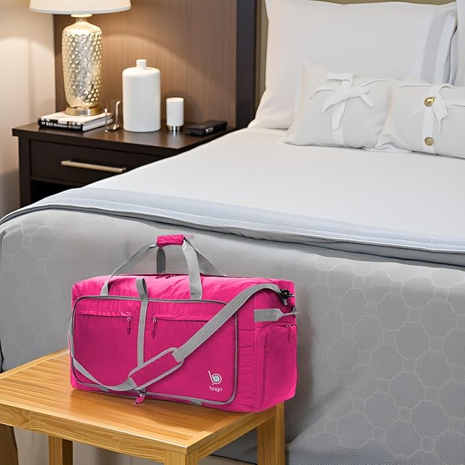 Bago Large Foldable Duffel Bags for Traveling Women & Men - 120L Packable Duffle Bag for Travel with Shoe Compartment - Water Repellant, Heavy Duty, Lightweight Folding & Collapsible (Pink)