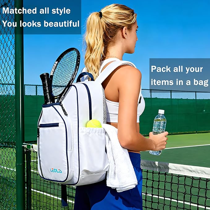 Pickleball Backpack, 30L Pickleball Bag Waterproof Large 3-Racket Tennis Sports Bag with Shoe Compartment & Insulated Pocket, Paddle Holder, Premium Sturdy Durable Bag for Men & Women (White)