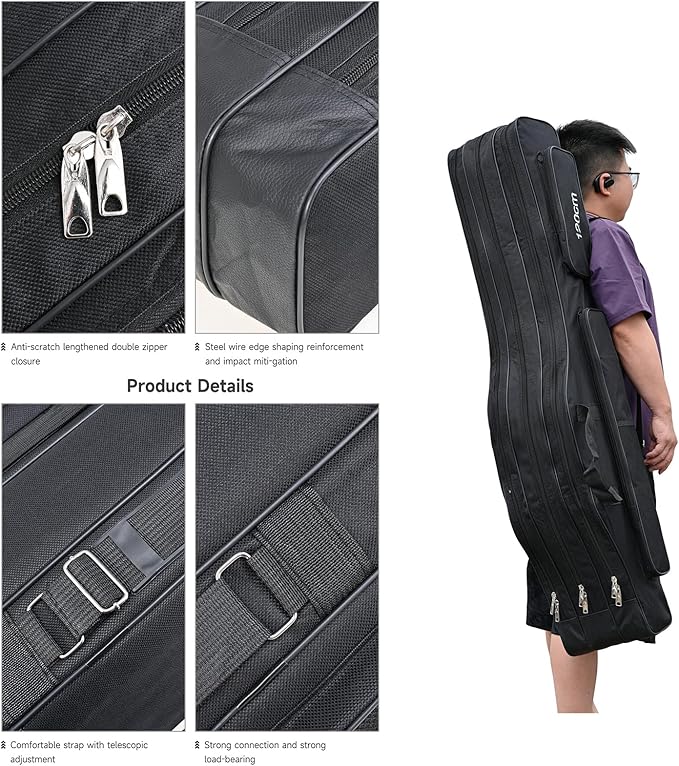 3 Layers Fishing Pole Bag,Portable 3 Layers Oxford Folding Rod Carry Case,Fishing Reel Tackle Storage Bag Case