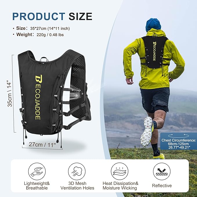 BECOJADDE Running Vest Hydration Backpack for Men Women, 5L Lightweight Running Backpack Hydration Pack for Marathon, Trail, Cycling, Hiking, Jogging