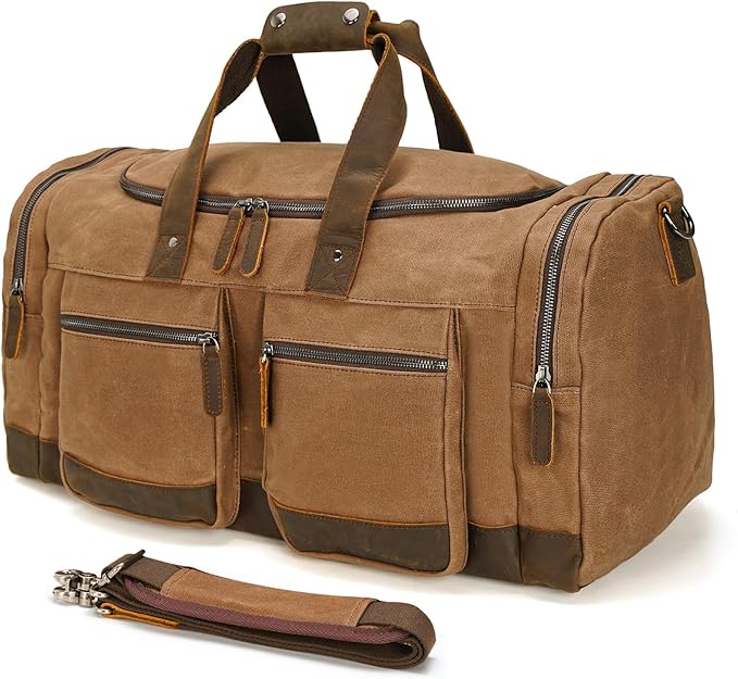Polare 23” Waxed Canvas Cowhide Leather Waterproof Travel Duffel Bag Trim Luggage Weekender Overnight Carry on Hand Bag