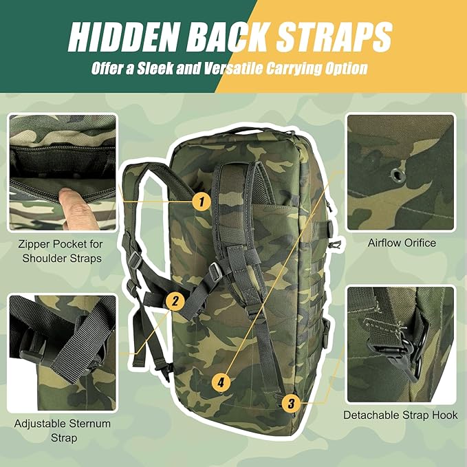 65L Large Travel Duffle Bag Military Tactical Backpack, Army Assault Pack 3 Day Bug Out Bag Rucksack for Outdoor Sport Hiking Camping with Molle System, Woodland