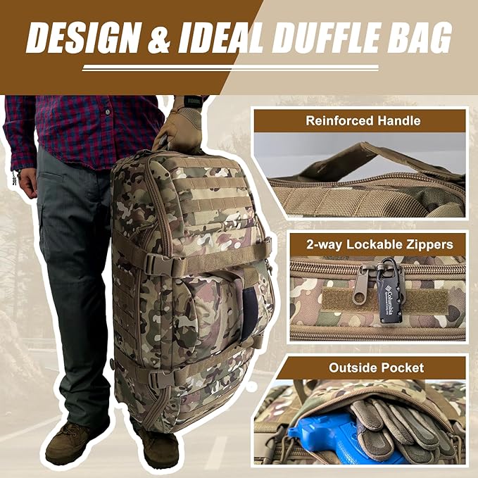 65L Large Travel Duffle Bag Military Tactical Backpack, Army Assault Pack 3 Day Bug Out Rucksack for Outdoor Sports Hiking Camping with Molle System, CP Camo