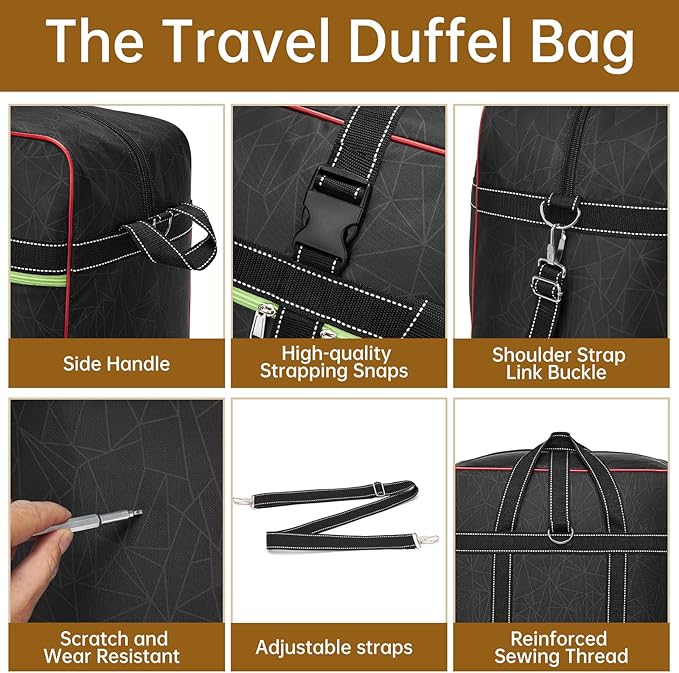 Foldable Duffel Bag,Large Expandable Rolling Travel Duffle Bag with Wheels Waterproof Collapsible Luggage Carry on Duffel Bag with Wheels and Handle, Black