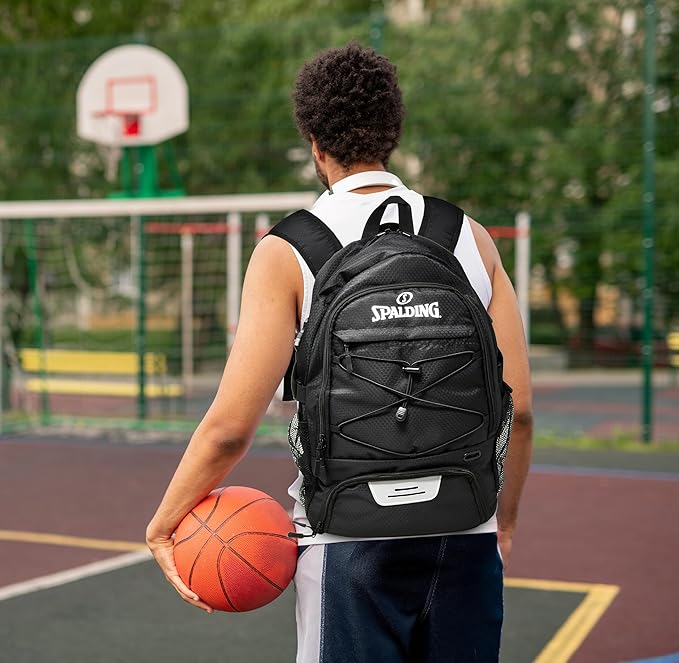 Spalding Basketball Backpack Sports Bag | Large Black Backpack with Shoe and Ball Compartment | Gifts for Basketball Players