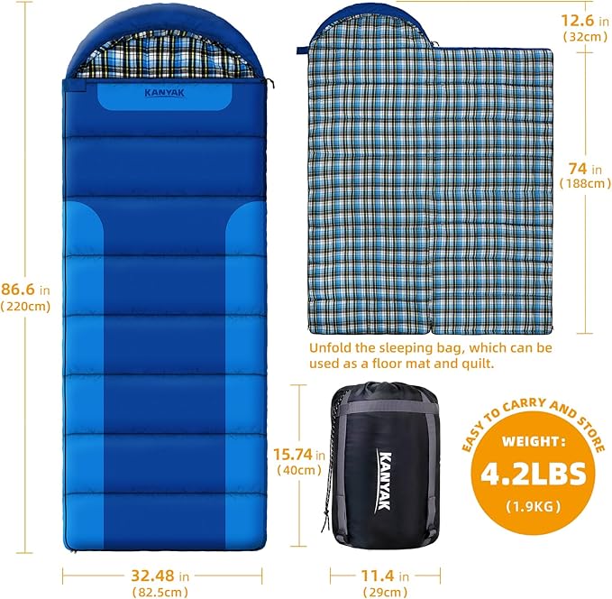 Cotton Flannel Lined Sleeping Bag for Adults Teens Kids, Cold Weather &Warm, 3 Seasons, Lightweight Compact Camping Essentials Equipment, Hiking, Outdoor, Travel