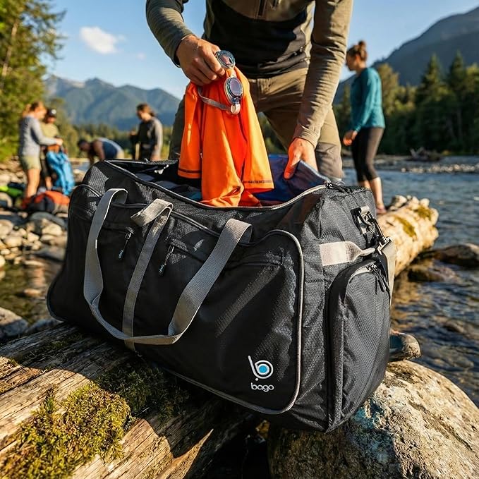 Bago Large Foldable Duffel Bags for Traveling Women & Men - 120L Packable Duffle Bag for Travel with Shoe Compartment - Water Repellant, Heavy Duty, Lightweight Folding & Collapsible (Black)