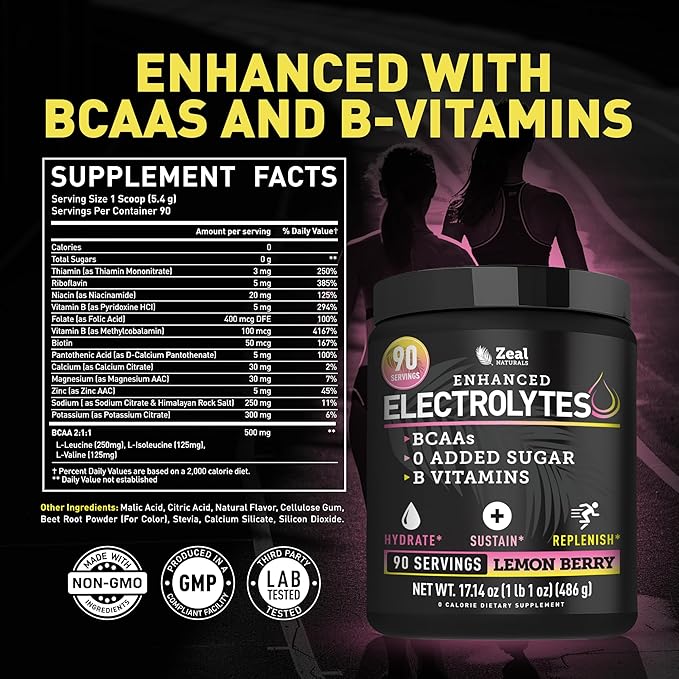 Zeal Electrolyte Powder - 90 Servings | Keto Electrolytes Powder | Zero Sugar, BCAAs, B-Vitamins | Potassium, Zinc, Magnesium | Hydration Powder Recovery Drink | Lemon Berry