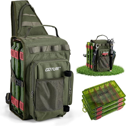 Goture OpenSide Fishing Sling Tackle Storage Bag with 3 Tackle Boxes, Lightweight Fishing Backpack Storge Gear - Green Bag Outdoor,Gift for men